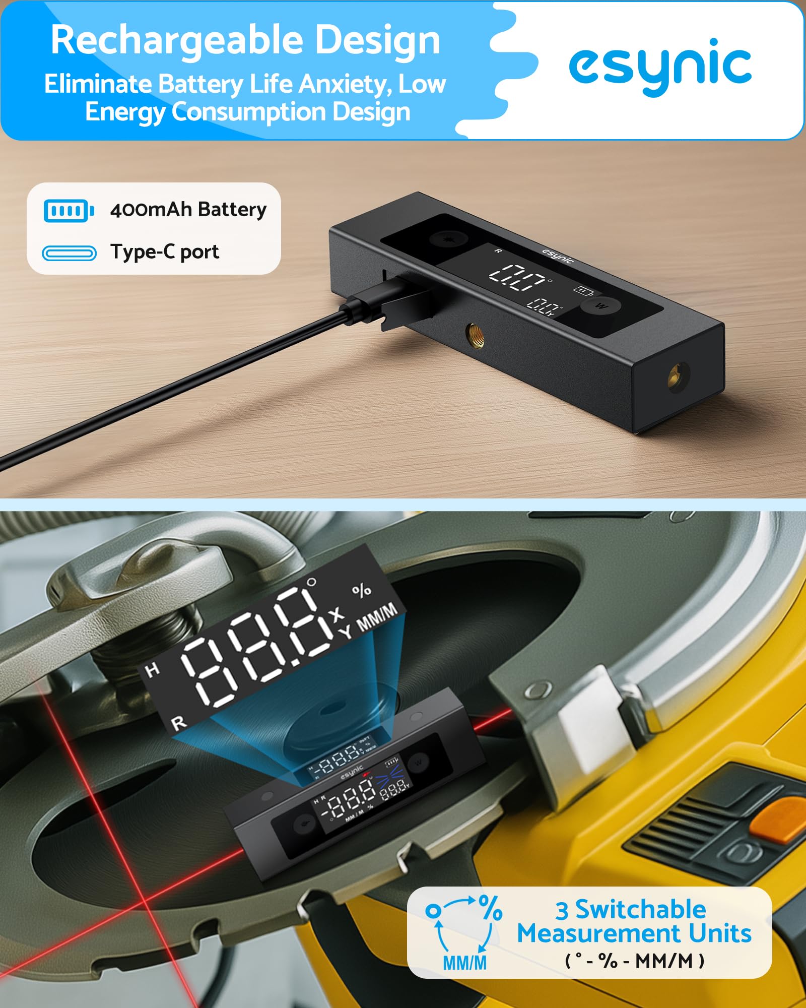 eSynic Digitaler Neigungswinkelmesser mit Dual-Achsen, Präzisions-Inklinometer, Doppel-LCD-Display, Laser-Level, 4 * 90° Messbereich, Wiederaufladbar mit USB-C
