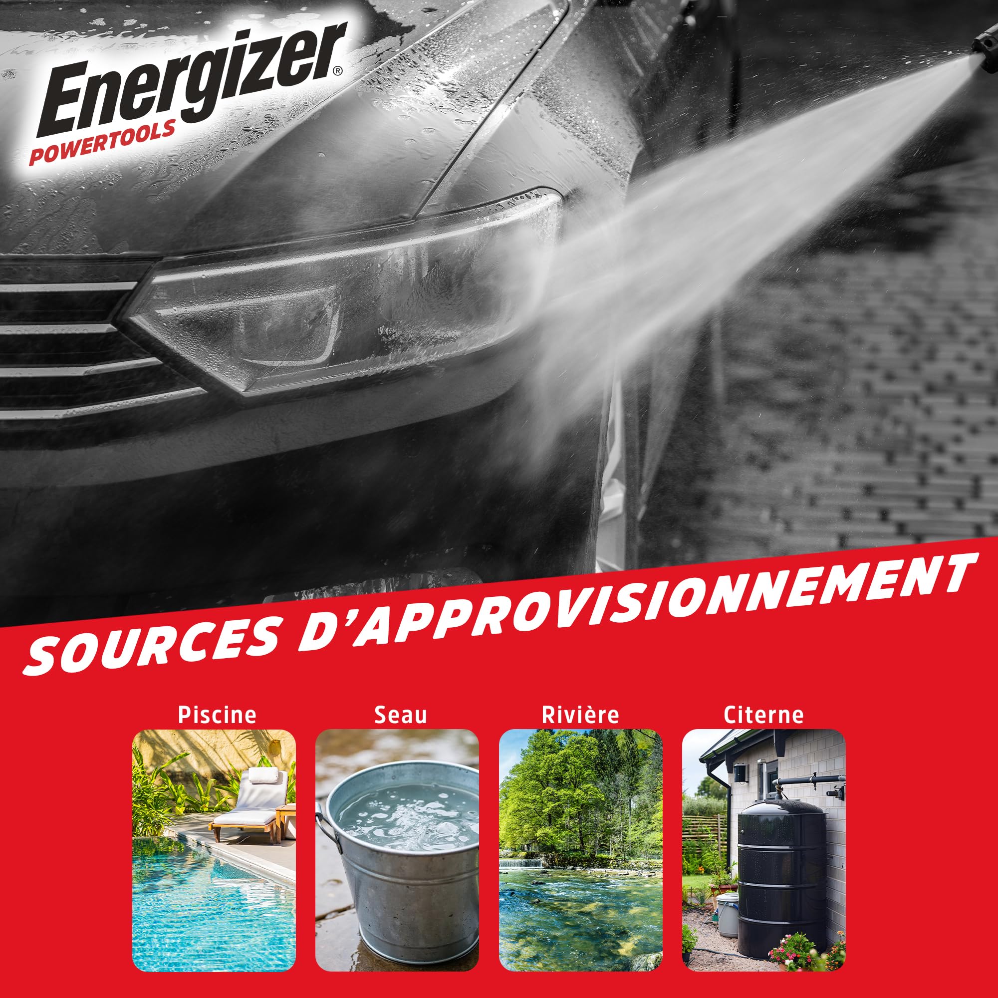 Energizer - Netttoyeur Haute pression Sans Fil 20V Batterie (incluses) - 25 Bar, 6 Réglages de Buse, Débit 3,3L/min, Accessoires inclus(Tuyau Captage 1.5M/Crépine) Entretien Extérieur Balcons Voitures