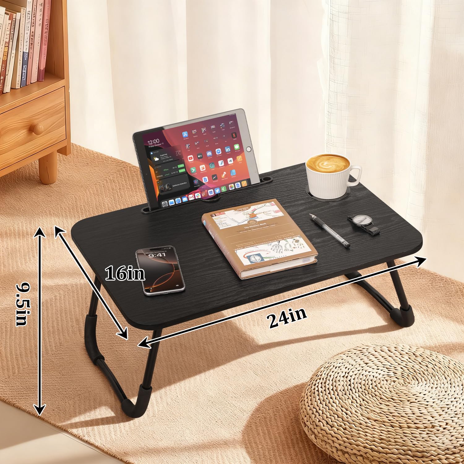 Schoßschreibtische für Erwachsene, klein, schwarz, Laptop-Schreibtisch, Holz, Laptop-Ständer, Tische, Klapptisch, Knietablett, Tisch mit Getränkehalter, faltbar, tragbar, Couch, Bodenschreibtisch für
