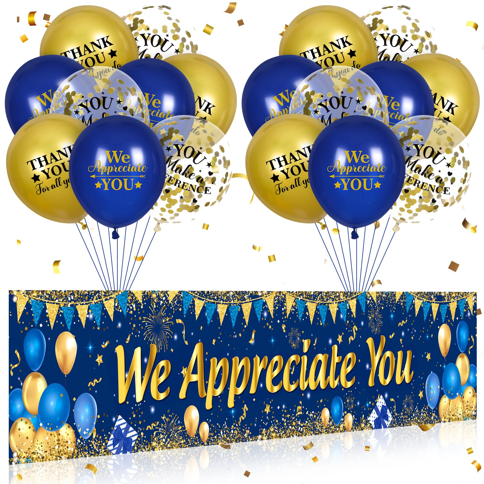 We Appreciate You Decorations Blue Gold Appreciate You Banner Yard Sign with 18 Pcs Balloons Thank You for All You Do Banner Employee Staff Appreciation Gifts Teacher Doctor Appreciation Party Decor