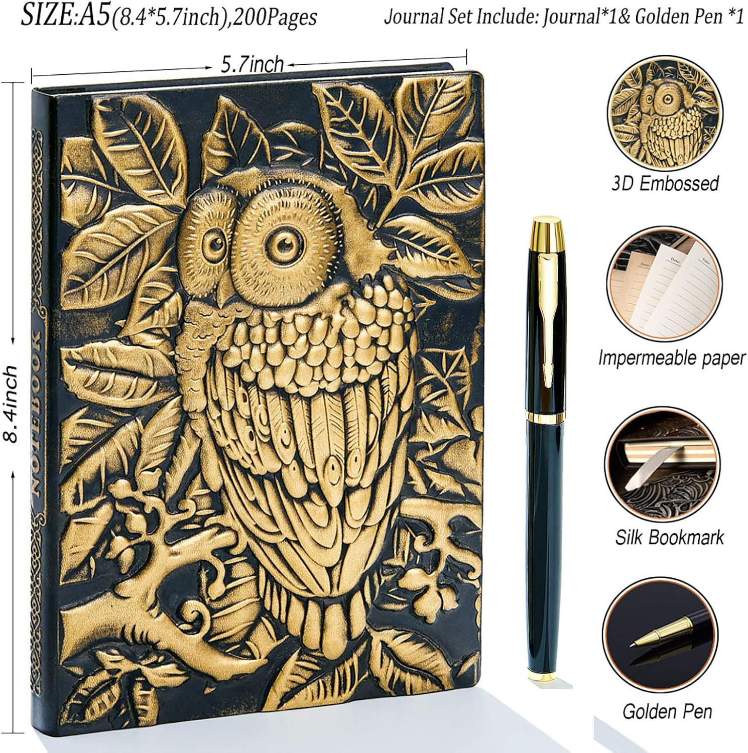 Leather Writing Journal Notebook,A5 Lined Journal,200Pages,Personal Diary-Antique Handmade Embossed Leather Notepad Sketchbook,Travel Diary&Notebooks to Write in,Gift for Men&Women (OWL(Bronze))