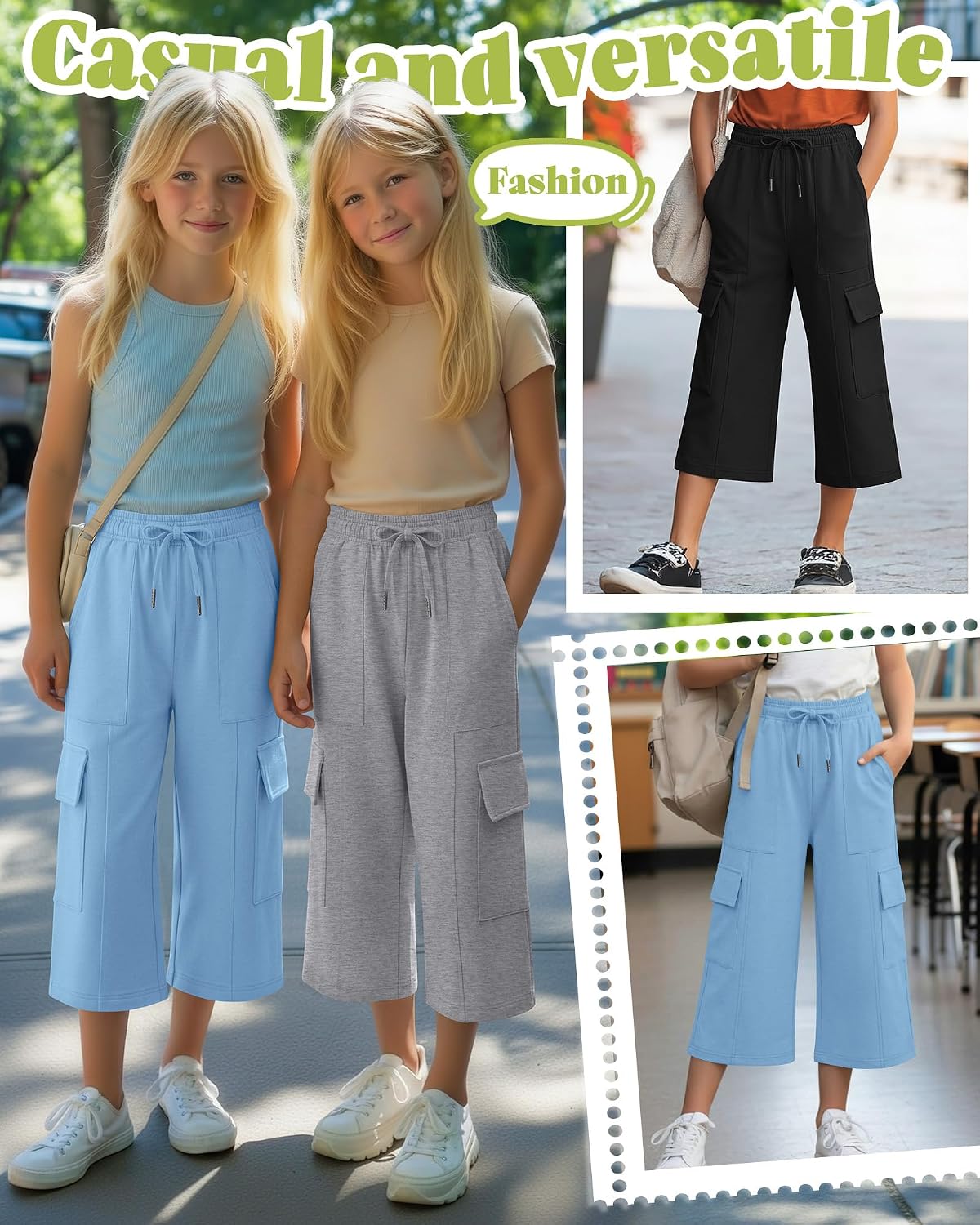 3 Pack Capri Sweatpants for Girls Wide Leg Cargo Capris Elastic Kids Waist Drawstring Active Casual with Pockets