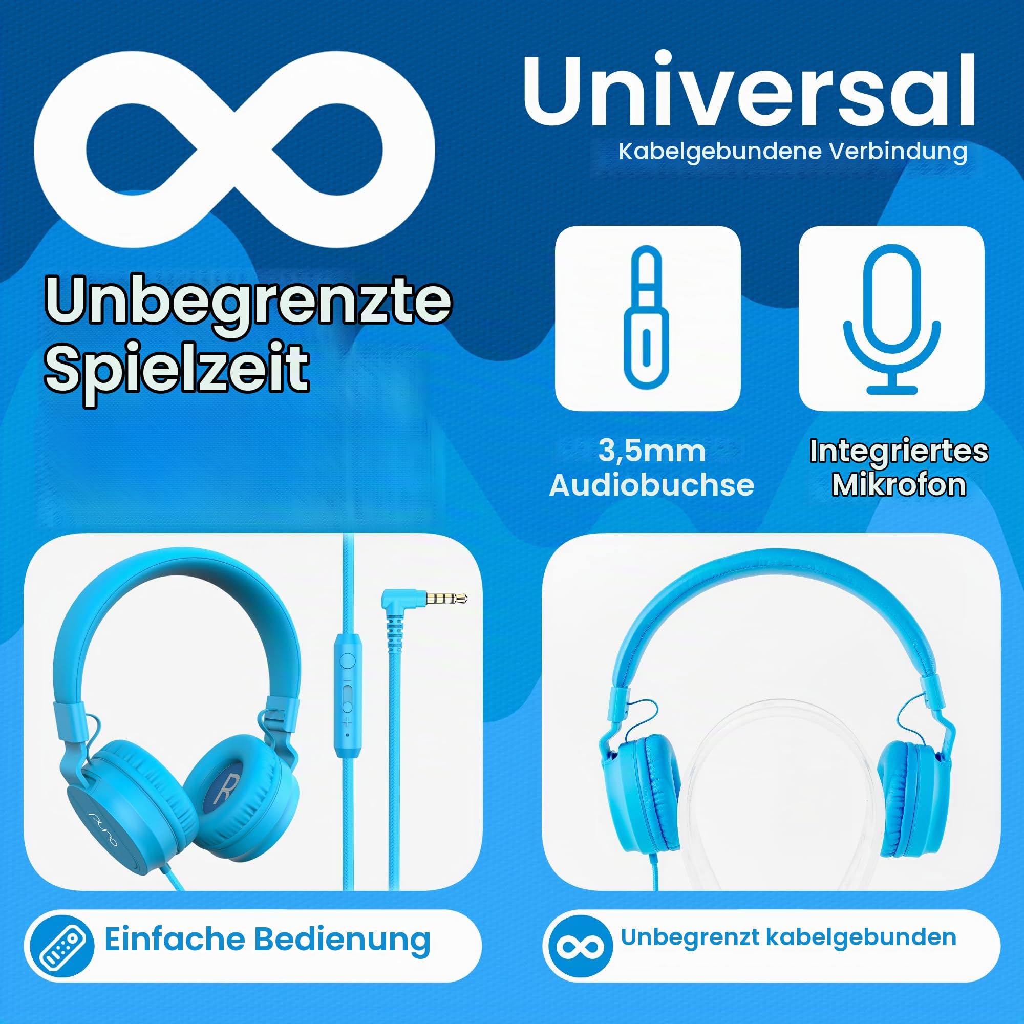 Puro Sound Labs PuroBasic Volume Limiting Wired Headphones for Kids, Boys, Girls 2+ Foldable & Adjustable Headband, Compatible with iPad, iPhone, Android, PC & Mac – By, (Blau)