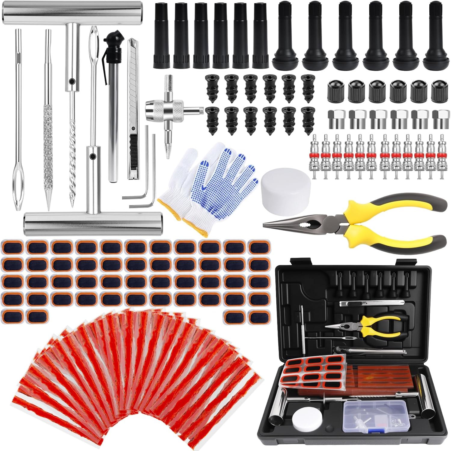 Tire Plug Kit, 160 PCS Tubeless Tire Repair Kit with Metal T-Handle Tools, Repair Strips, Screw-in Repair Plugs, Valve Stem Service Accessories, Pressure Gauge, Gloves & Hard Case