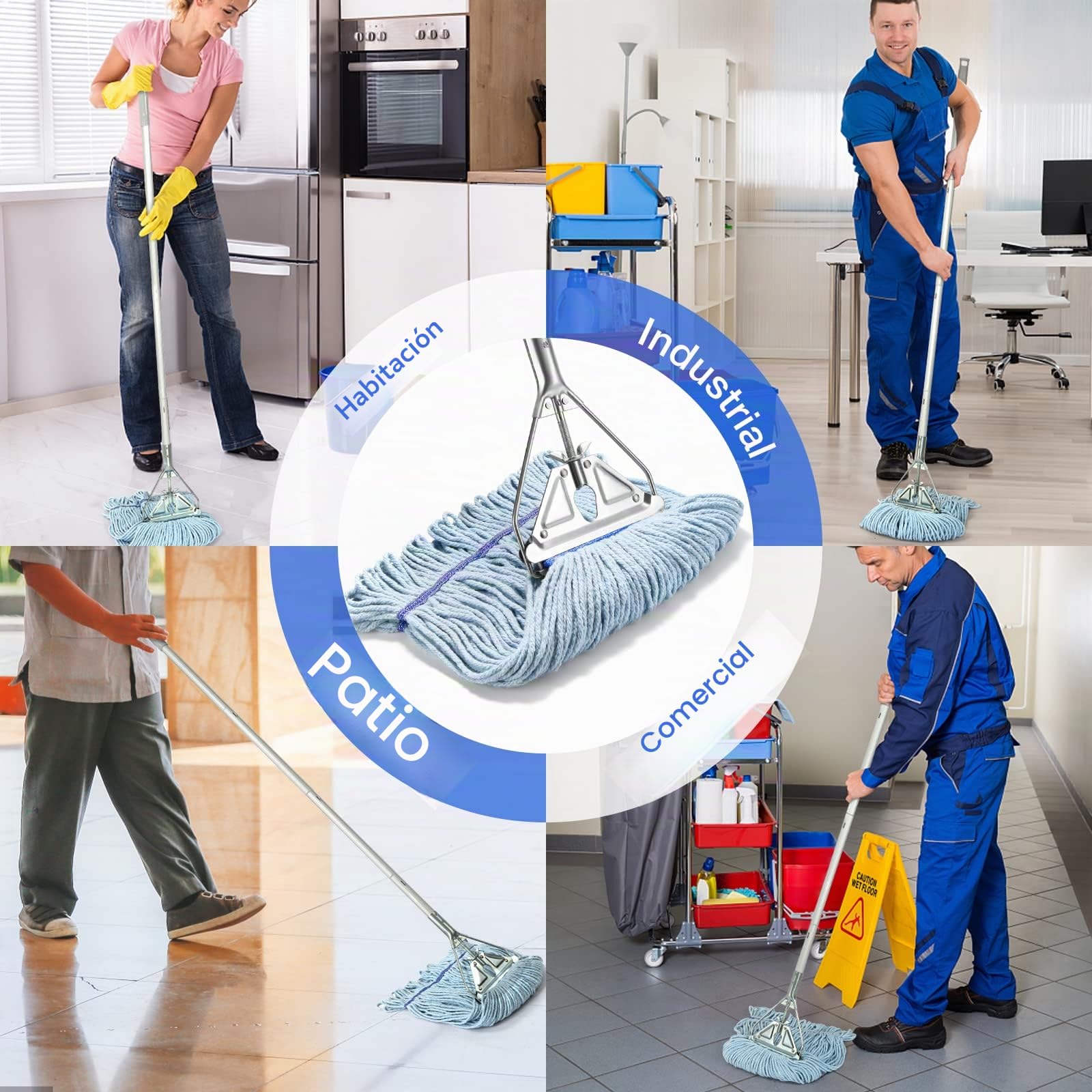 Mopa SOBONNE de Cuerda para Limpieza de Suelos, Industrial Comercial, Resistente con Cabezal de Microfibra de Algodón, Mango de Acero Inoxidable de 59 Pulgadas, Mopa Húmeda para Hogar, Garaje, Azul