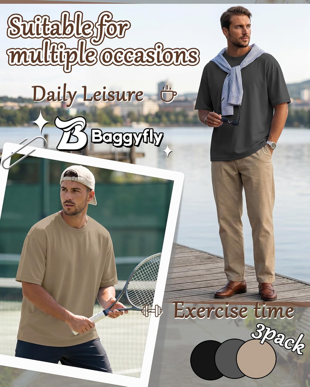 3 Pack Men's Oversized Short Sleeve T Shirts Unisex Crew Neck Drop Shoulder Casual Basic Tees Loose Fit Baggy Tops