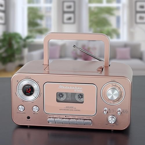 Miniatura 4 de Reproductor de CD estéreo portátil con Bluetooth, radio estéreo AMFM y reproductor de cassettegrabadora (rosa y dorado)