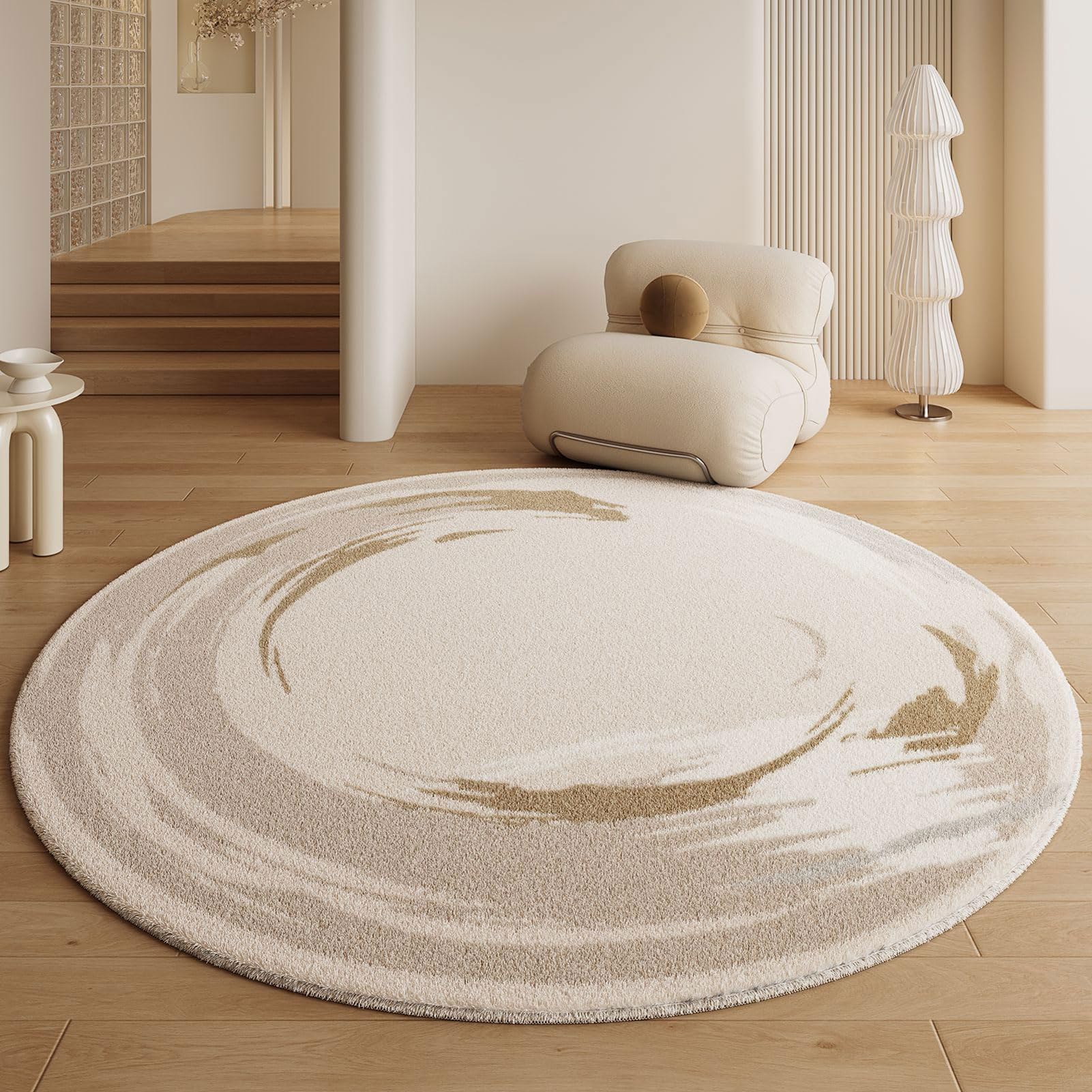Runder Teppich Im Creme-Stil, Flauschig Kurzflor Teppich für Wohnzimmer & Schlafzimmer, Weicher Kunstfell-Teppich für Ankleide, Sessel, Schreibtisch (5 200cm)