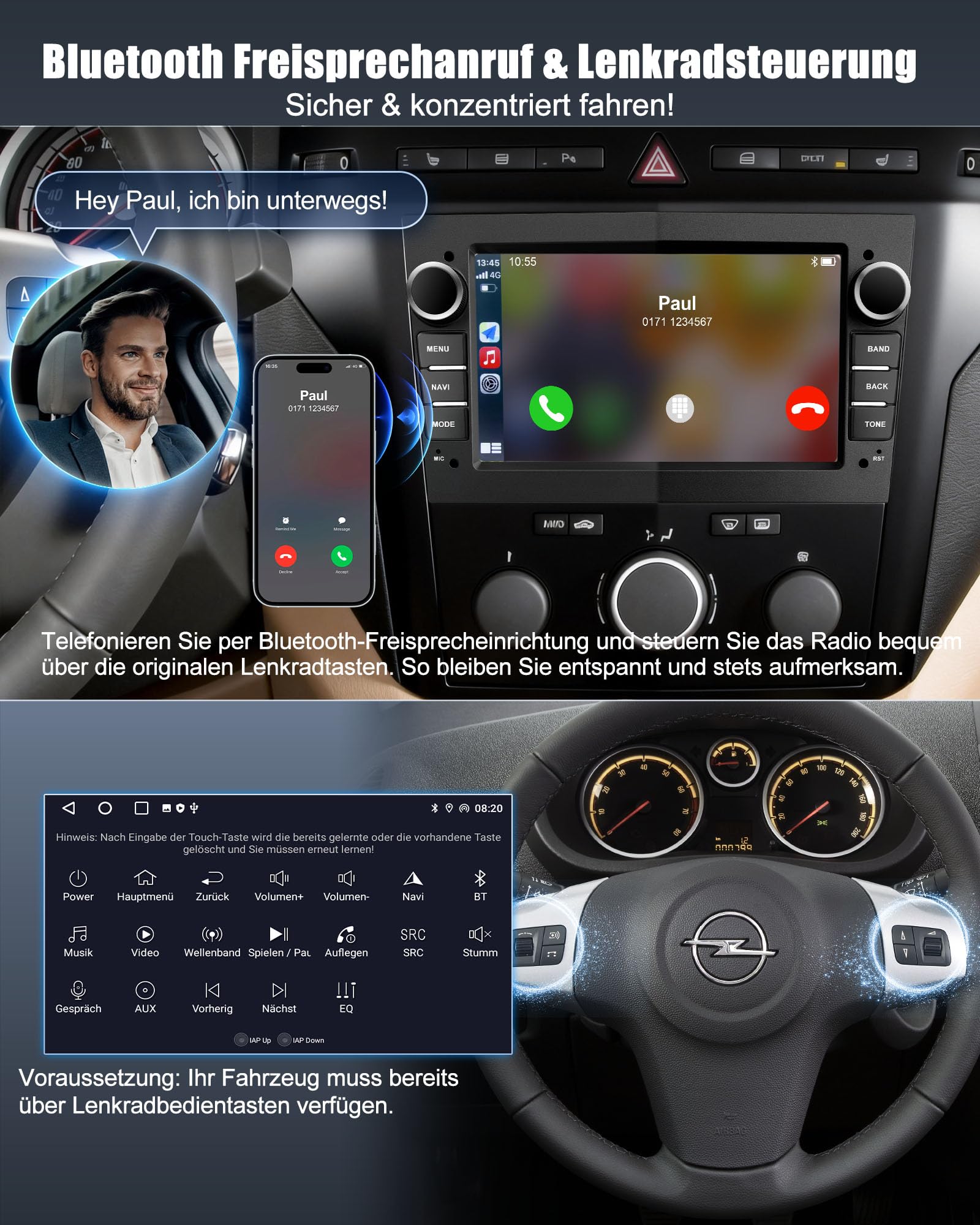 Lehwey Bluetooth Autoradio mit Bildschirm für Opel Corsa d, Astra J & H, Meriva, Vivaro, Zafira b mit Navi WLAN UKW, Carplay, Android Auto, Lenkrad Strg, 2Din Android 14 Dab Auto Radio 7 Zoll