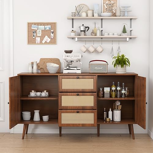 Miniatura 3 de IQCNGVX Aparador de ratán con almacenamiento bohemio con 2 puertas y 3 cajones, mesa de consola con estantes ajustables para comedor, sala de estar,