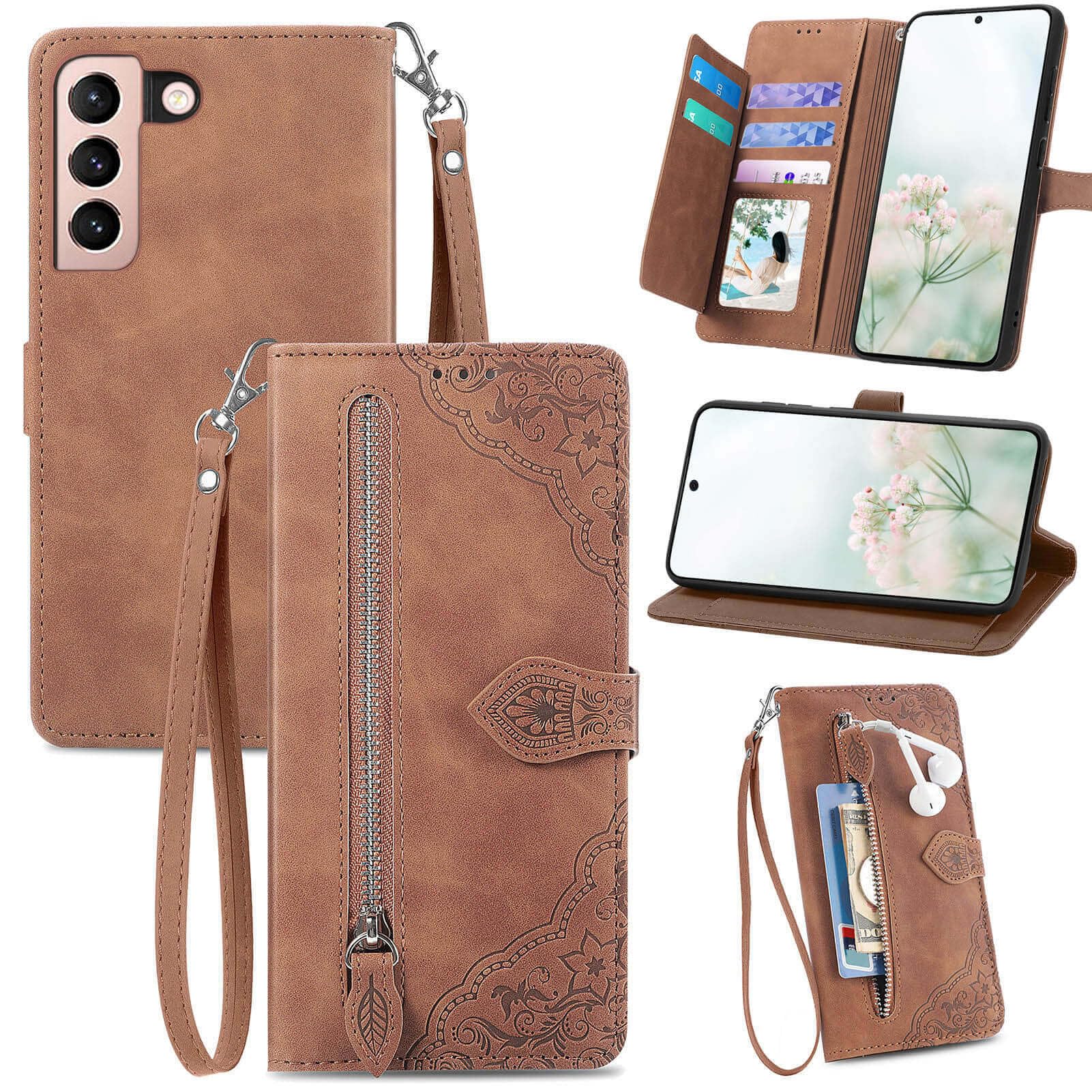 KRHGEIK for Samsung Galaxy S21 5G Phone Case Wallet for Women,Emboss PU Leather Cover Magnetic Wrist Strap Zipper Card Holder Flip Protective Case (