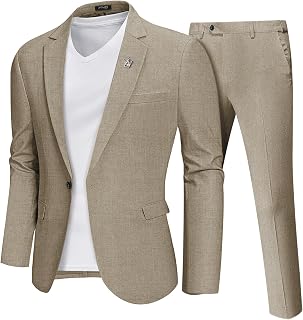 Men's 2 Piece Casual Linen Suit Set, Regular Fit Lightweight Blazer Jacket and Pants for Wedding, Business, Party