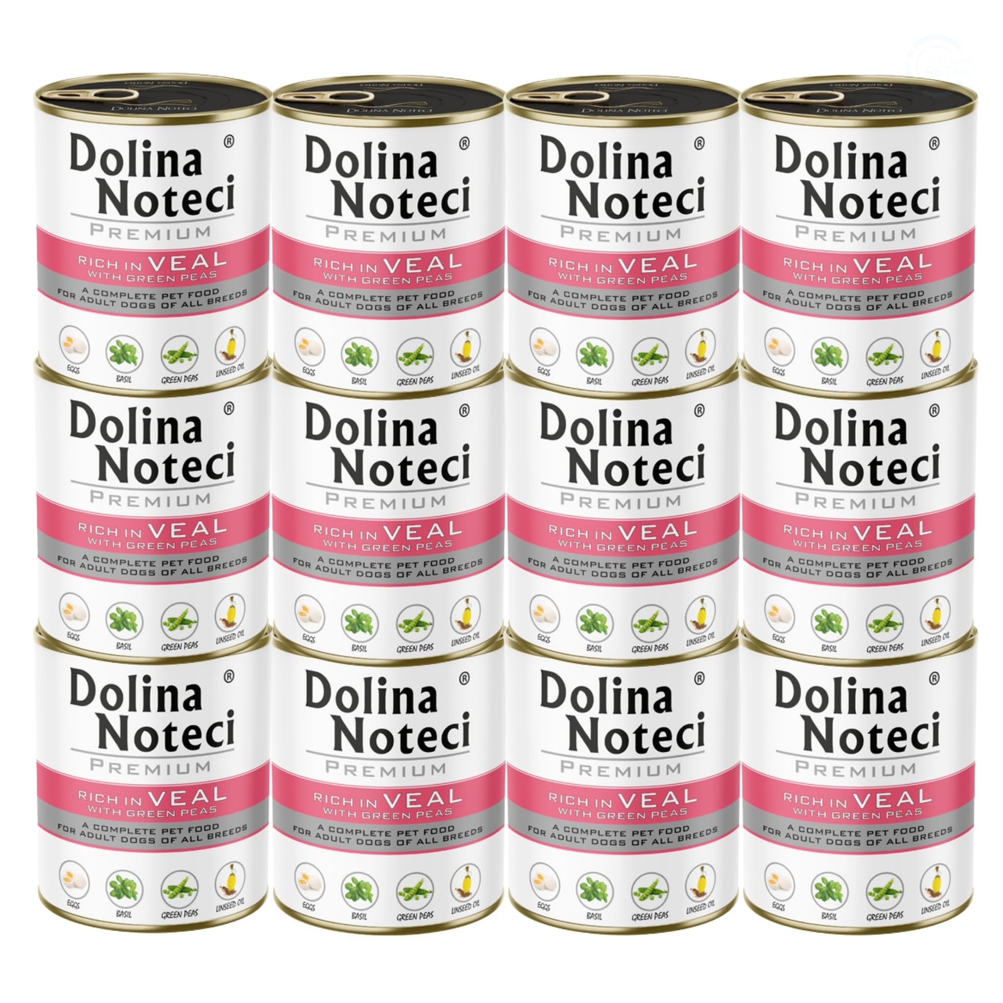 Dolina Noteci Premium Nutritious Wet Dog Food, Healthy Essential Nutrients & Unsaturated Fatty Acids, Gluten-Free, No Artificial Flavours – For Your Pup’s Happiness! (Veal With Green Peas, 12x800g)