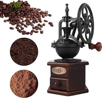 Coffee Grinder,Wooden Coffee Bean Grinder Manual Coffee Grinder Roller, Antique Coffee Mill with Cast Iron Hand Crank for Making Mesh Coffee, Decoration, Best Gift Brown six deformation base