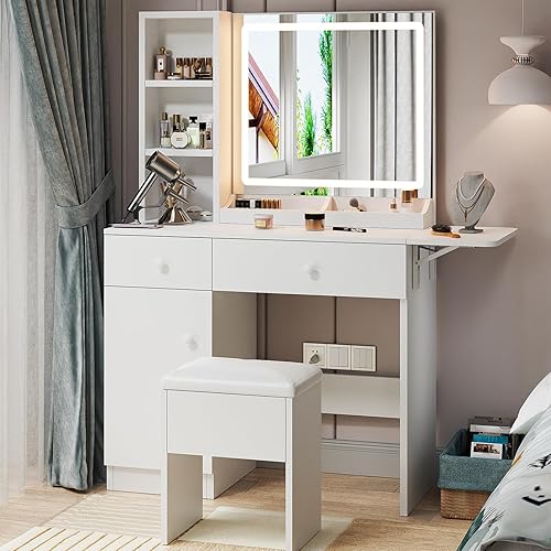 Haewon White Vanity Desk with Lighted Mirror and Charging Station,