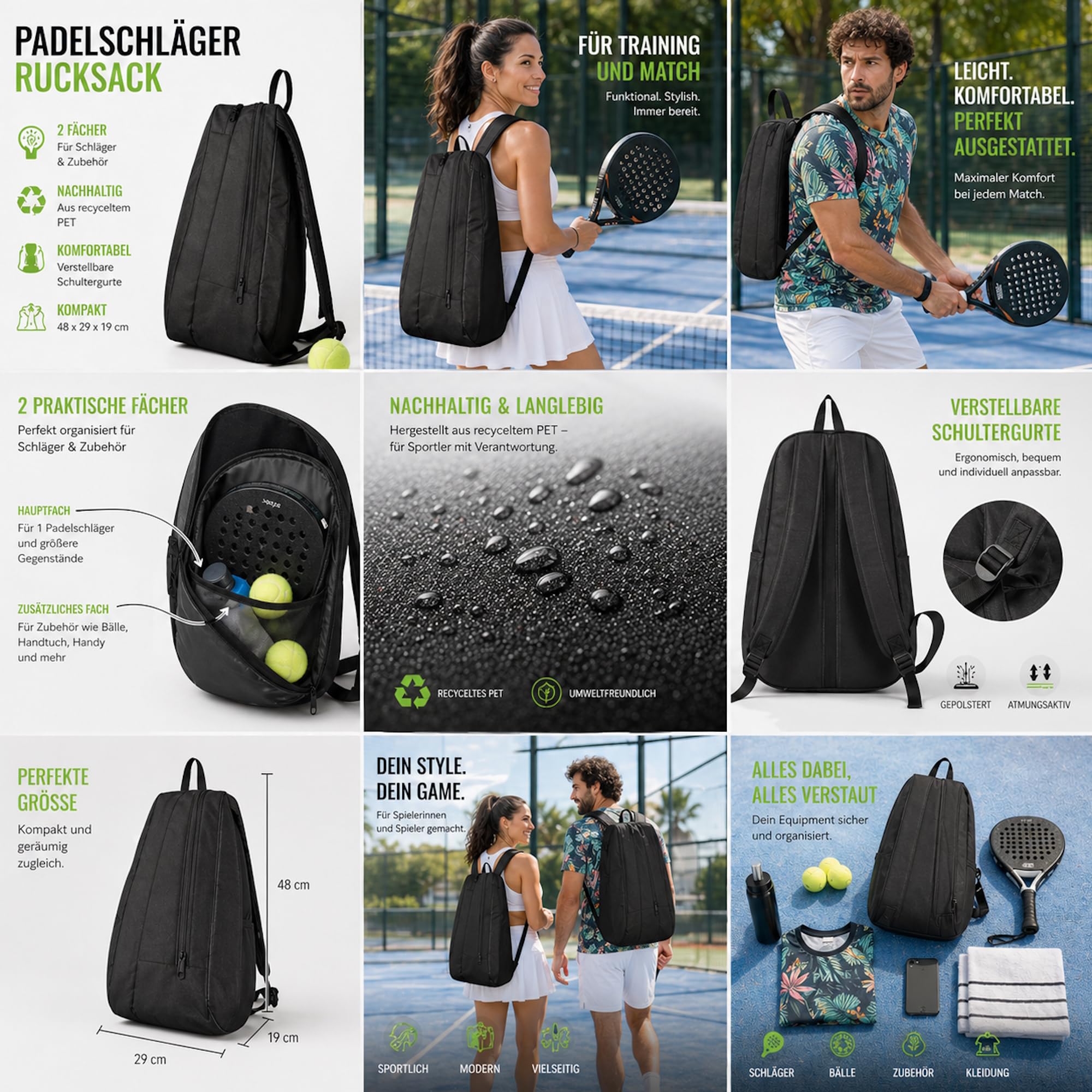 Zaino Padel Racchetta Zaino Nero - Padelbag con 2 scomparti per racchette e accessori, in PET riciclato, tracolla regolabile, 48 x 29 x 19 cm - Borsa sportiva per racchetta padel racket