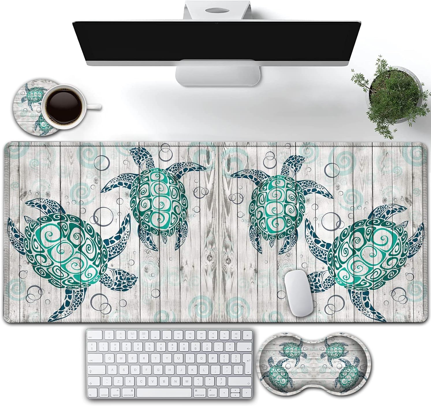 Large Gaming Mouse Pad,Extended Waterproof Desk Pad Protector (31.5" x 11.8")Ergonomics Memory Foam Mouse Wrist Rest Support,for Home Office Laptop Easy Typing,Ocean Turtle Sea Turtle White Mouse Mat