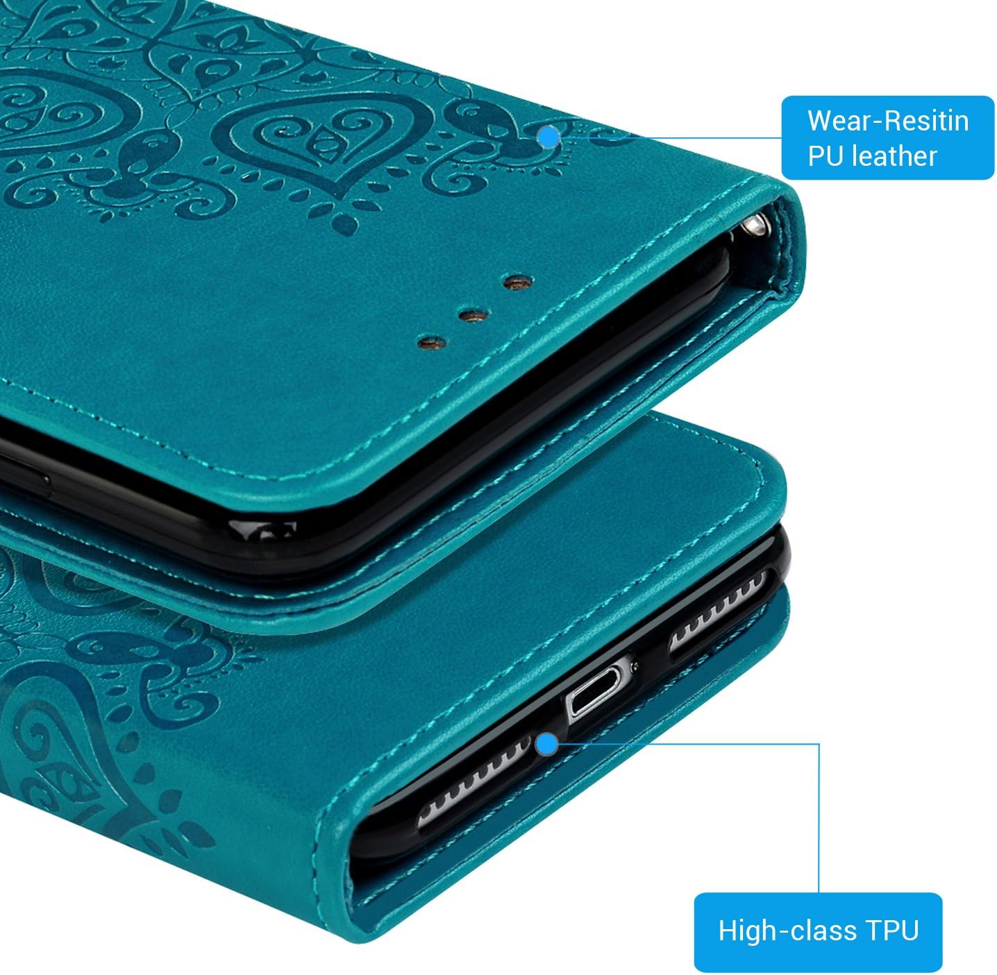 Compatible with iPhone 8 Plus Case, iPhone 7 Plus Wallet Case Embossed Love PU Leather Case TPU Shock Bumper Magnetic Detachable Card Slots Hand Strap Cover for iPhone 7 Plus & iPhone 8 Plus
