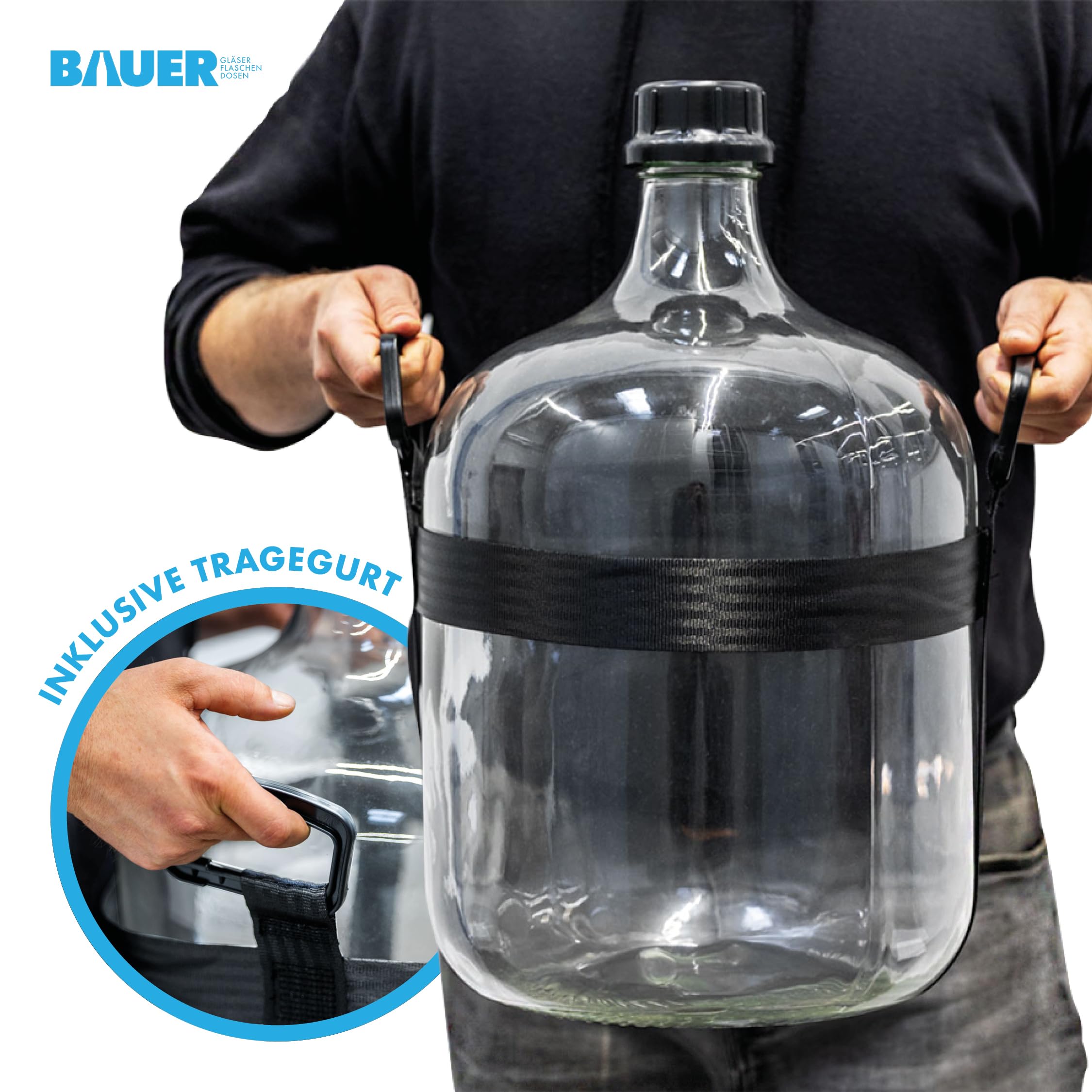 Flaschenbauer Ballonflasche 25L mit Schraubverschluss und Tragegurt - Glas Gärballon - ideal für Obstwein, Spirituosen, Saftlagerung - robust & sicher - hochwertiger Gärbehälter für Hobbybrenner