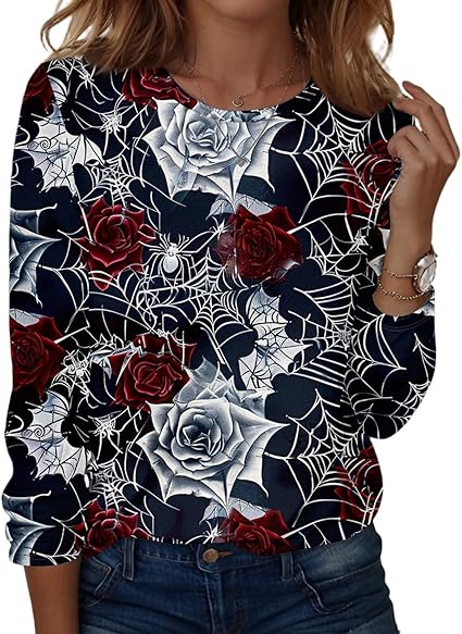 Halloween Shirts for Women Long Sleeve Plus Size Fashion Crewneck Comfortable Tshirts Halloween Costumes for Women