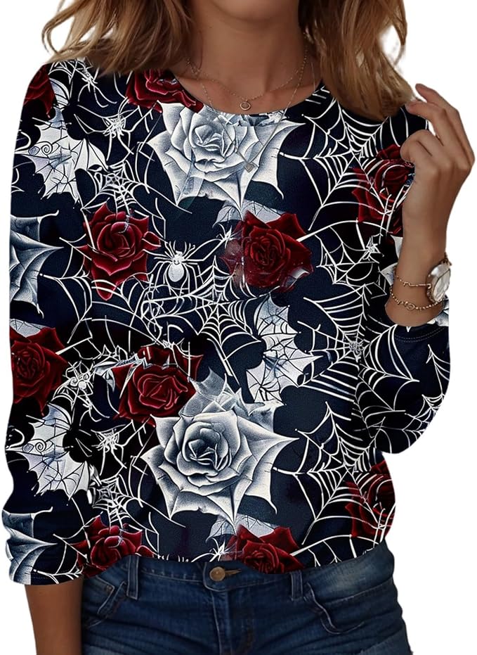 Halloween Shirts for Women Long Sleeve Plus Size Fashion Crewneck Comfortable Tshirts Halloween Costumes for Women