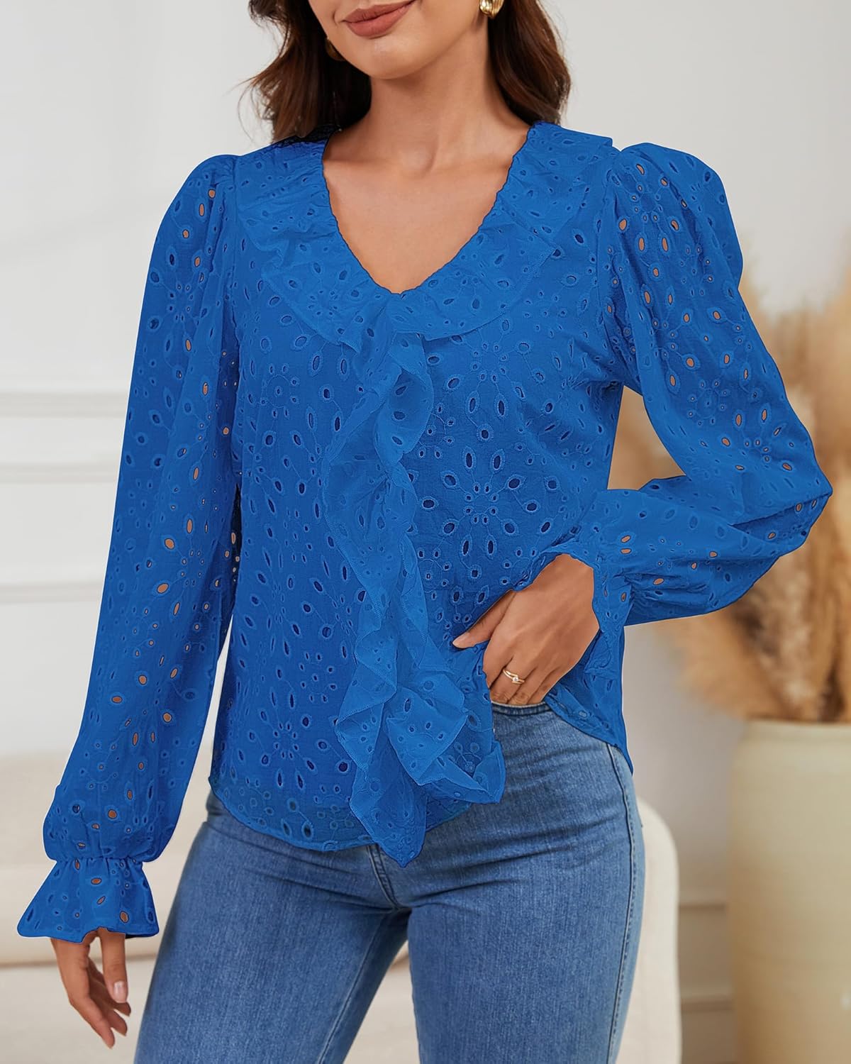 Bsubseach Women Eyelet Tops Puff Long Sleeve Dressy Casual Blouse Ruffle V Neck Lace Embroidered Shirts Fall Outfits - Image 2