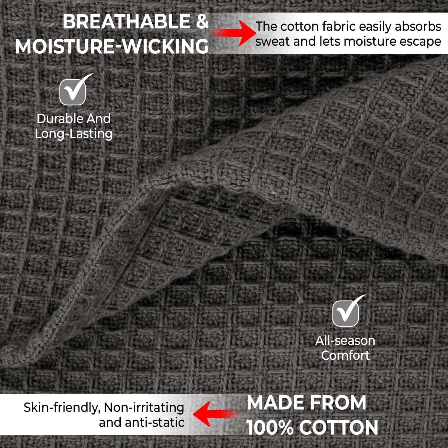 100% Cotton Blankets for Bed - Waffle Weave Blankets for Summer, Lightweight and Breathable Soft Woven Blanket for Spring (Dark Grey, King (90" x 108"))