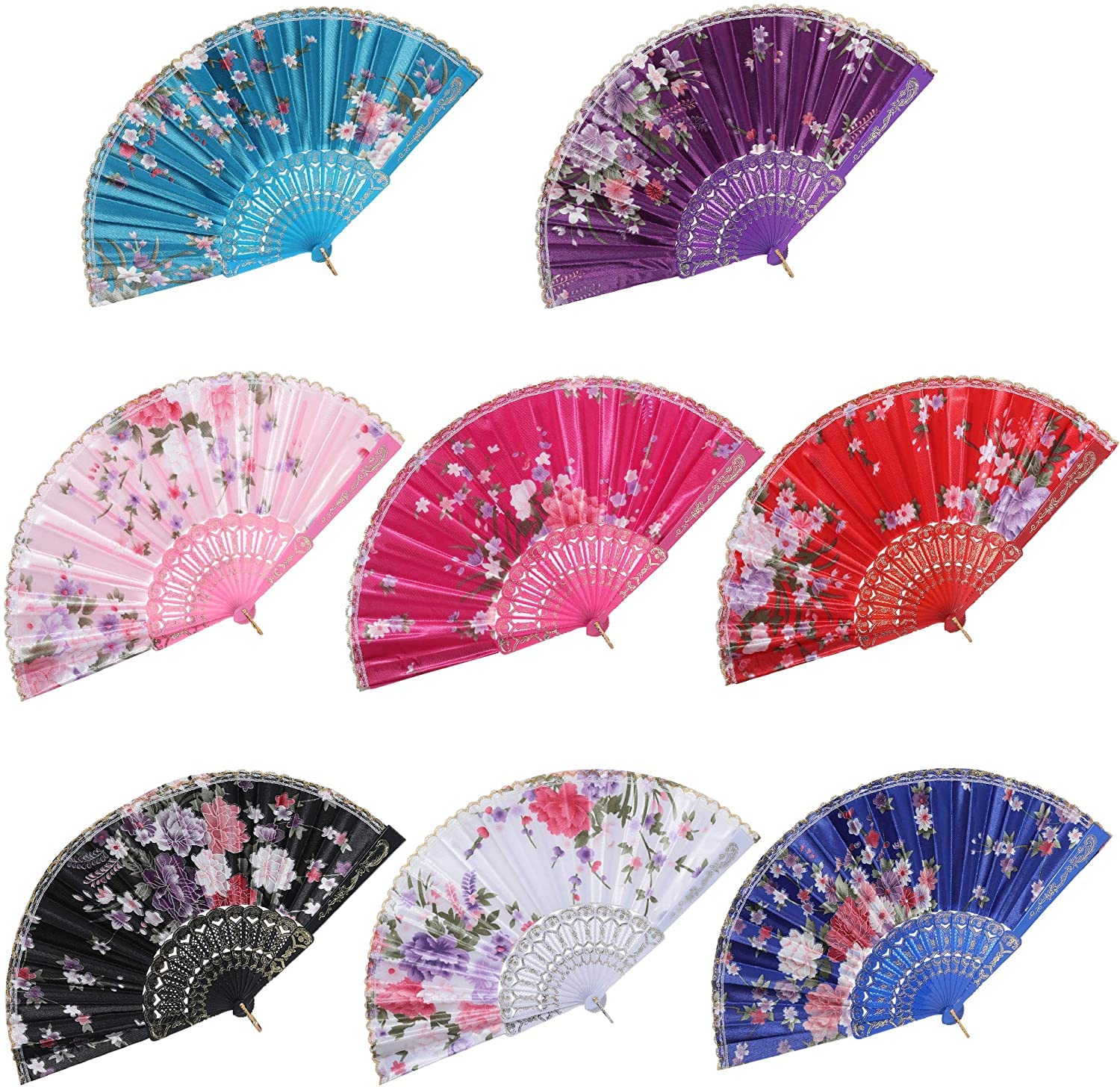 Floral Folding Hand Fan Vintage Handheld Lace Folding Fan with Different Flower Patterns Fabric Folding Fan for Wedding Dancing Party (Color Random Selected with Chinese Rose) Pack Of 1 Psc Only