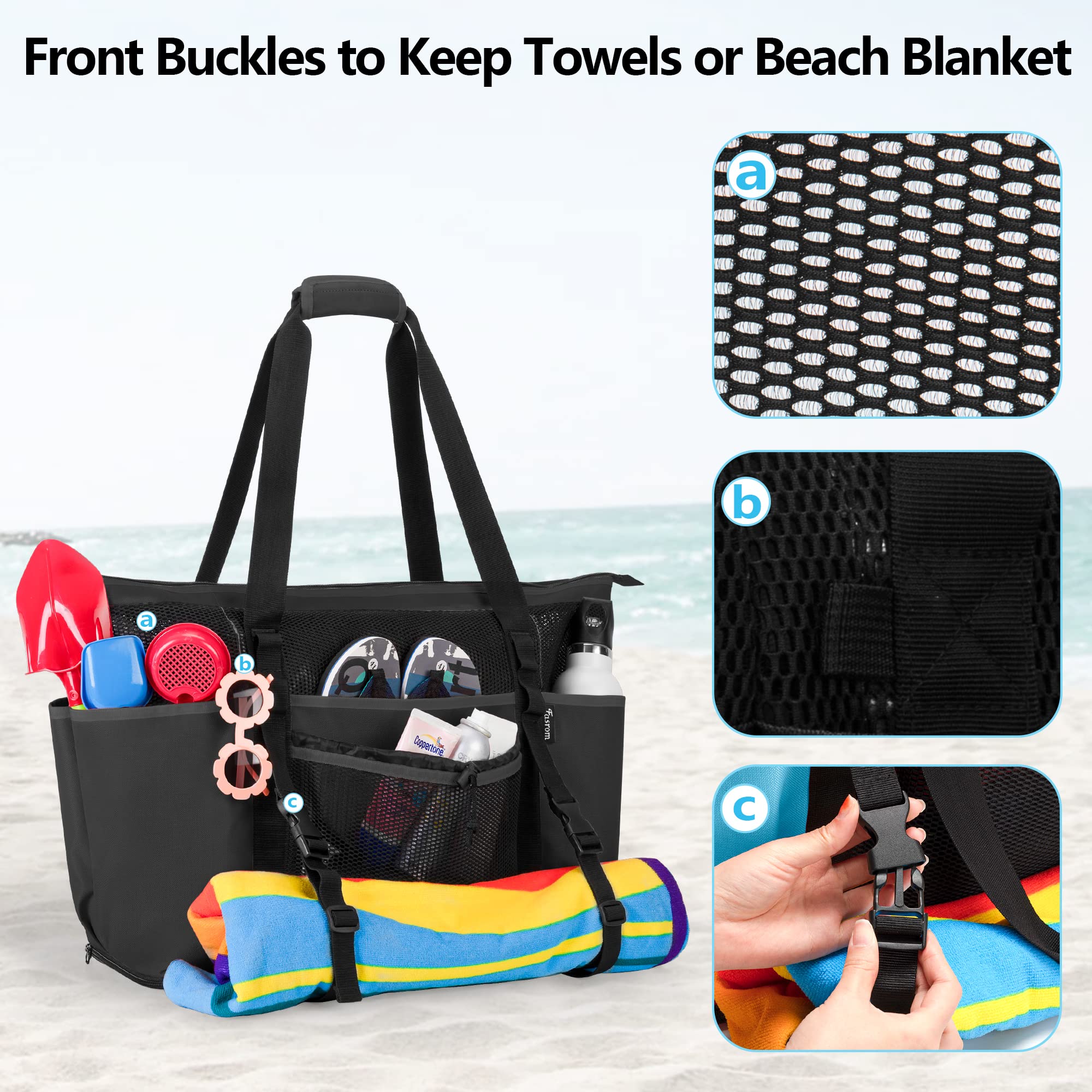 Fasrom Extra Large Mesh Beach Bag with Zipper Bottom, Family Beach Tote Bag with Wet and Dry Separation (Patent Pending), Black - Image 4