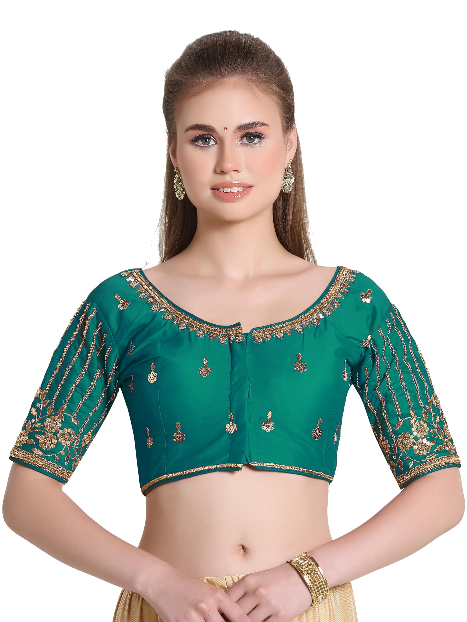 Pujia Mills Women's Readymade Bridal Embroidery Blouse Multi Coding maggam Work moti Work Indian Ethnic Designer Stitched Readymade Saree Half Sleeve Blouse for Women for Saree Lehenga Choli