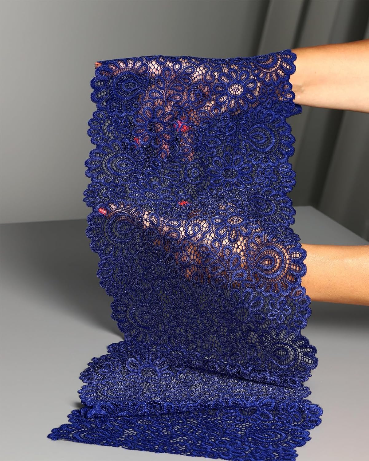 8 Inches by 5 Yards Stretch Sewing Lace Trim Fabric Elastic Ribbon Continuous Roll by Alice Crafts | Navy Blue