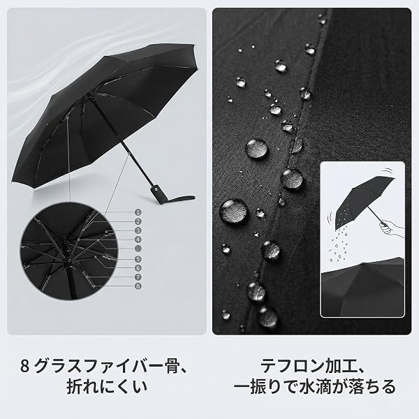 紳士折りたたみ傘 ワンタッチ自動開閉 強風対応 8 本グラスファイバー骨 超撥水加工 軽量 364g コンパクト メンズ レディース ビジネス通勤傘 晴雨兼用 SORAMOYU Black - 4