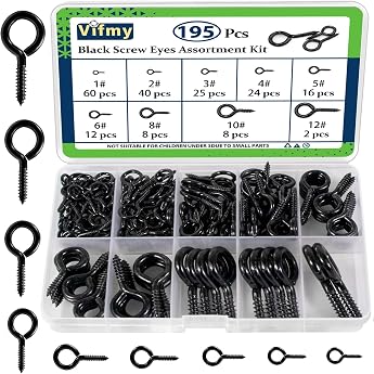 Eye Bolt Assortment Pack of 195 19.5mm 20.3mm 2.3mm 2.8mm 3.0mm 3.5mm 4.9mm 4.4mm 5.4mm Black