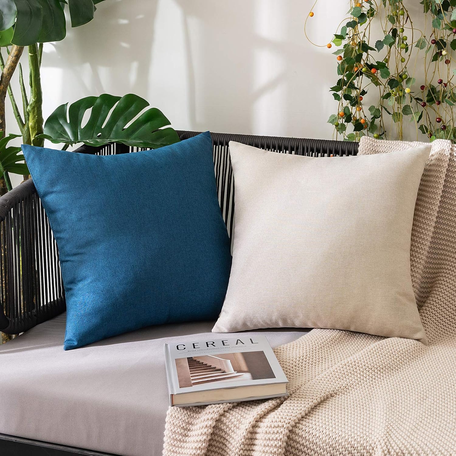 MIULEE Pack of 2 Decorative Outdoor Solid Waterproof Throw Pillow Covers Euro Sham Faux Linen Garden Farmhouse Cushion Cases for Patio Tent Balcony Couch Sofa 22x22 Inch Beige