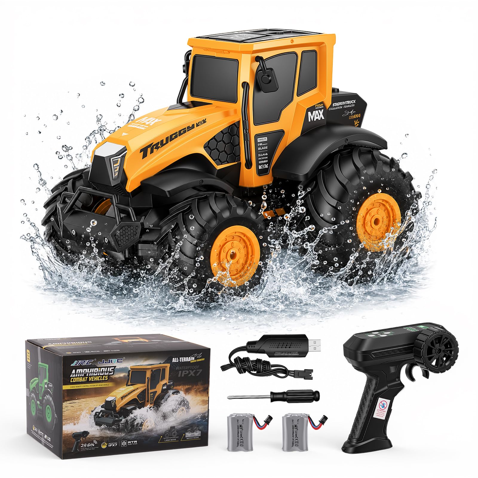 Macchina Telecomandata, Auto Radiocomandata Fuoristrada da Esterno | Monster Truck Telecomandato Anfibio IPX7, Auto RC 15 km/h, 2 Batterie 80 Min, Rotazione 360°, Idea Regalo Bambino