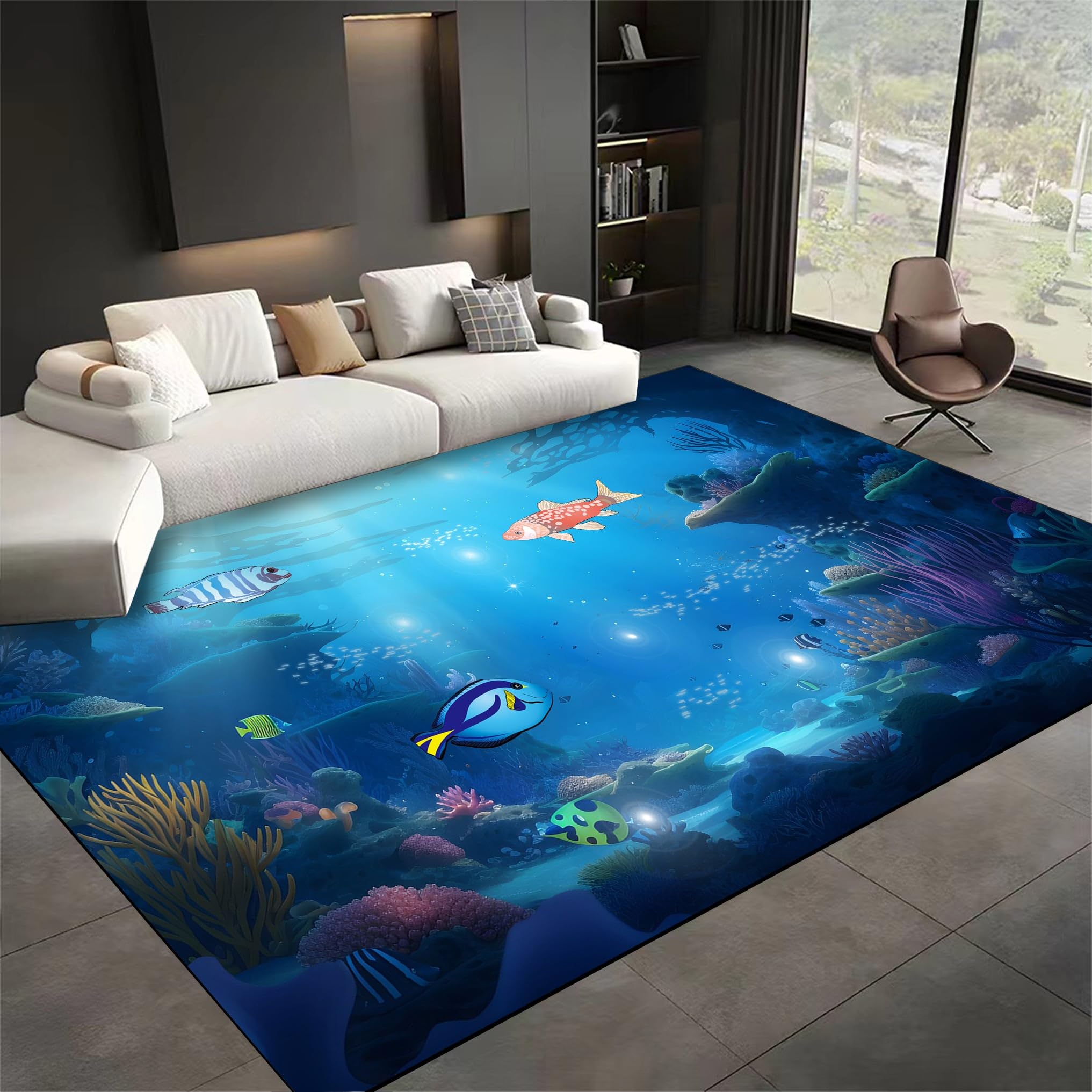 USHIRUG Blue Ocean World Area Rug, 5x6ft, Deep Sea Tropical Fish Living Room Rug, Breathable Reduce Noise Washable Carpet, Absorbent Pet Friendly