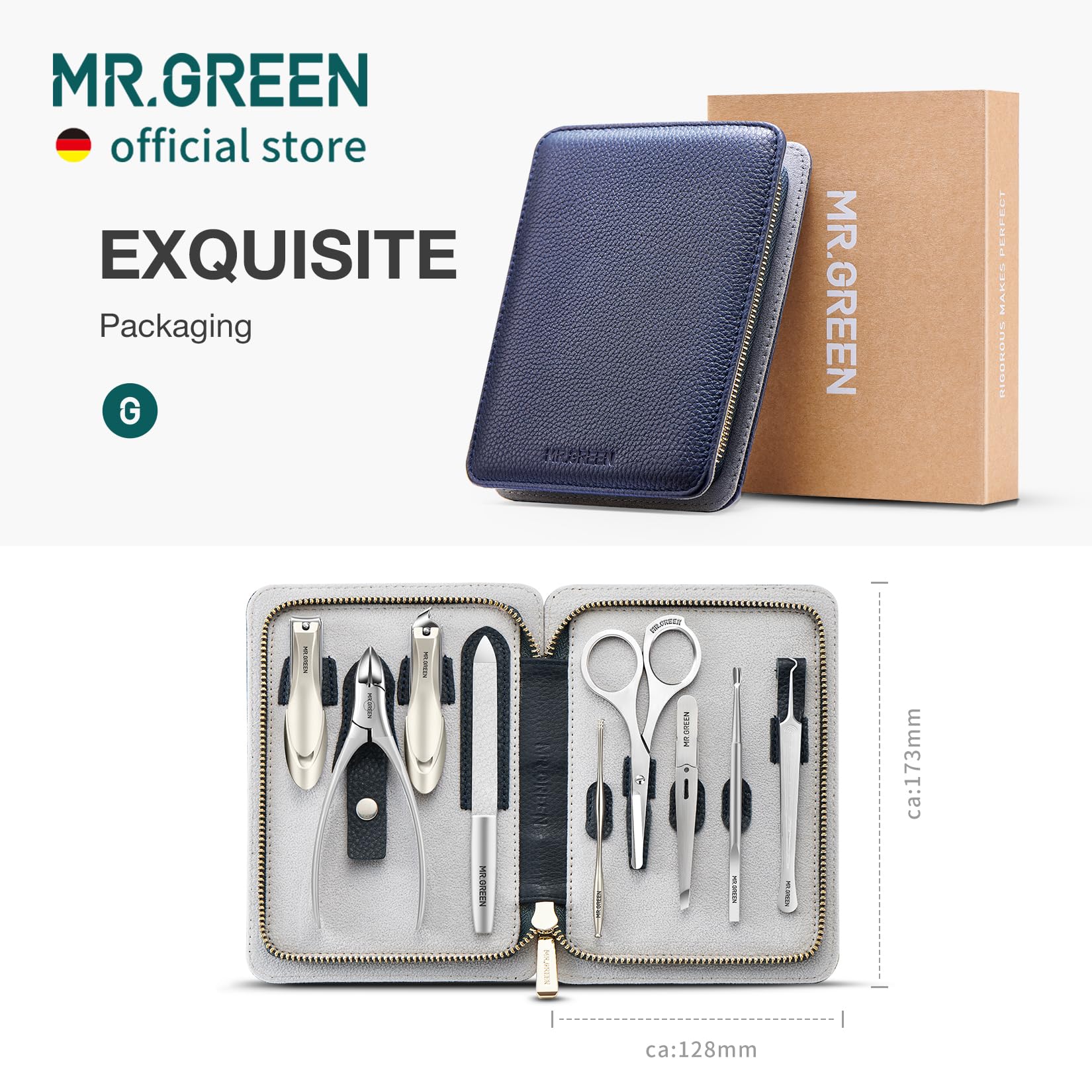 MR.GREEN Innate - Juego de manicura de lujo con tijeras de grado quirúrgico, kit de cortaúñas de acero inoxidable, paquete de piel de vaca de grano completo, pedicura (juego de manicura 9 en 1)