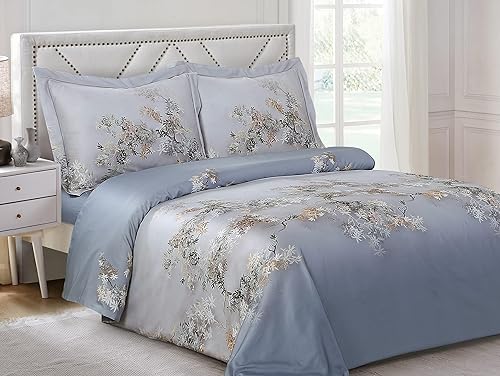 Violet Linen Patrón artístico francés de rama de árbol, ultra suave de 300 hilos, algodón satinado, azul claro, tamaño individual de 39 pulgadas,