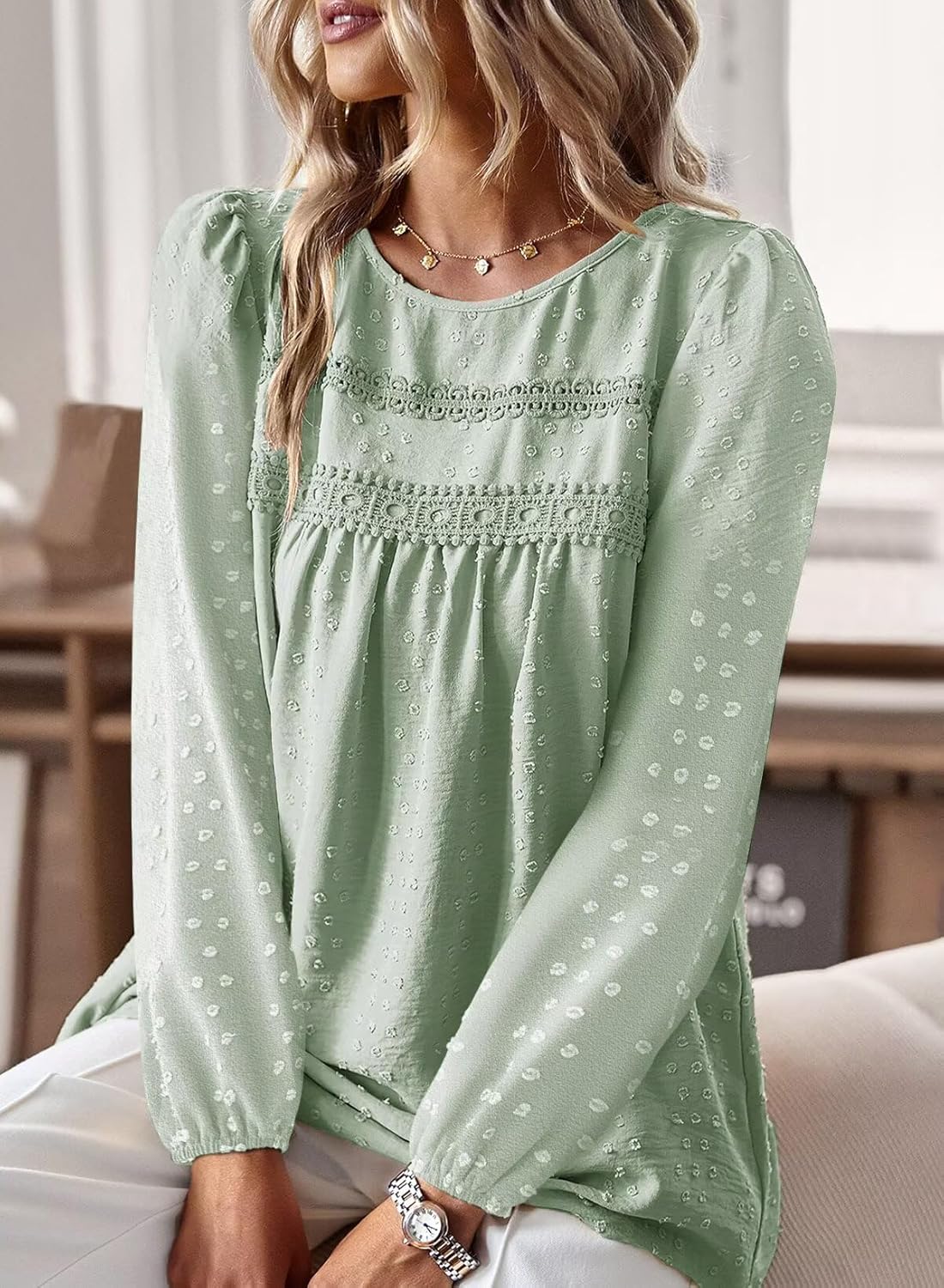 Boho Tops for Women Long Sleeve Shirts Crewneck Flowy Womens Blouses Dressy Casual Lace Hem Clothing Trendy 2026 - Image 2