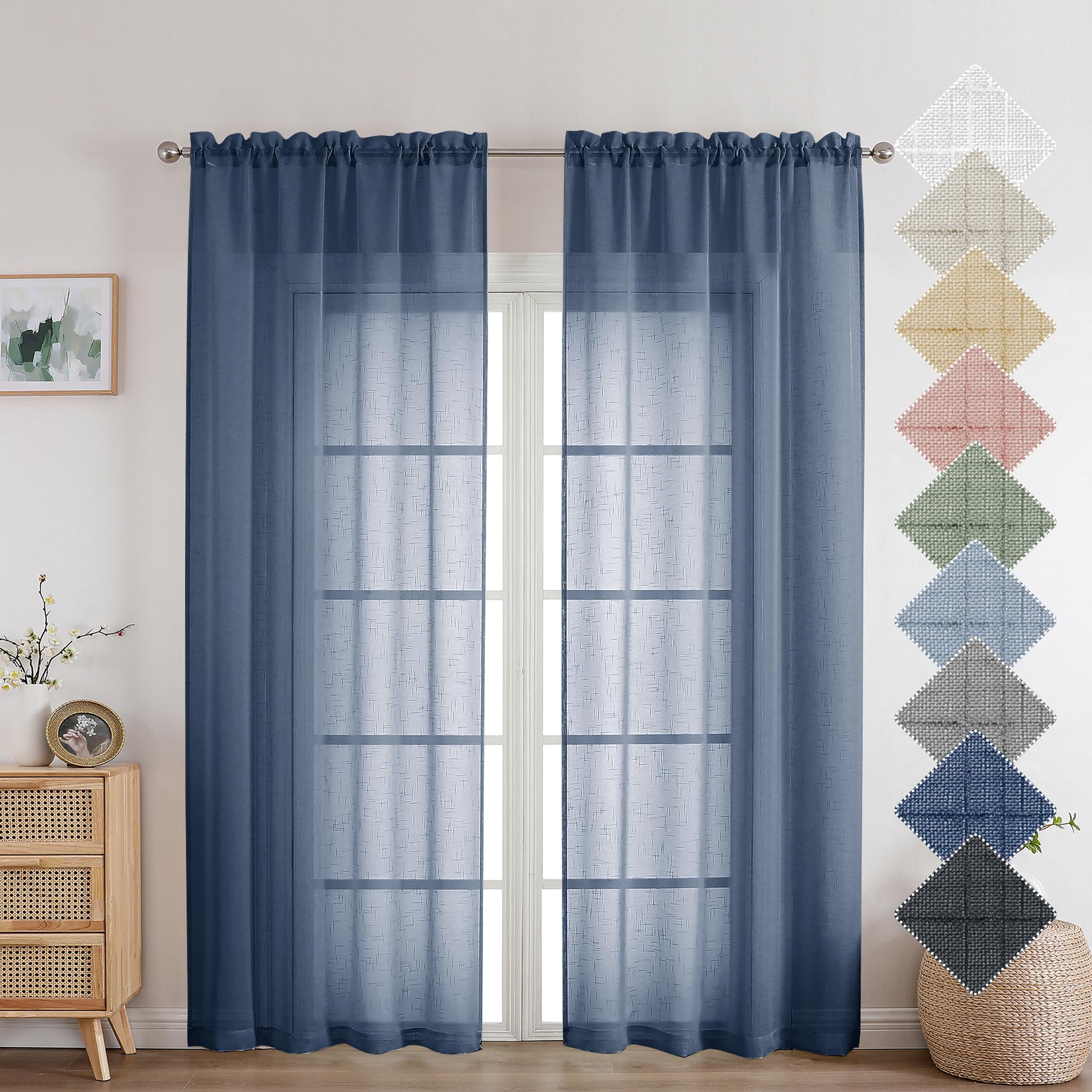 Aiyufeng Linen Textured Blue Sheer Curtains 72 inches Long