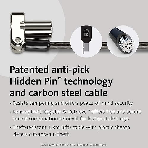 Miniatura 3 de Kensington Cable de bloqueo universal 3 en 1 para laptop, cerradura con llave de seguridad informática, barra en T, nano, en forma de cuña (K62318WW)