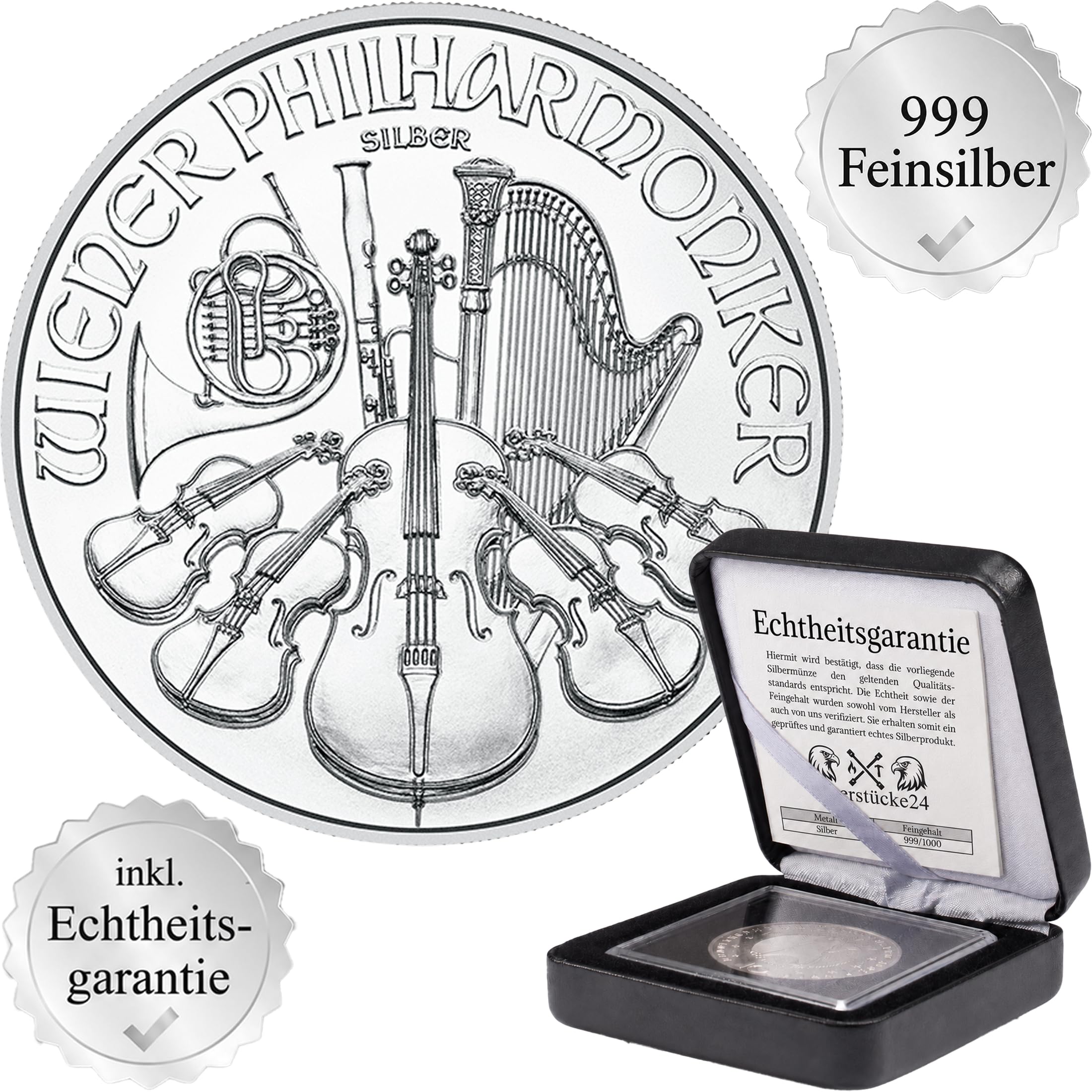Silbermünze 1 oz Wiener Philharmoniker | Aktueller Jahrgang | Feinsilber 999 | In Münzkapsel & schwarzem Etui | Inkl. Grußkarte und Echtheitsgarantie | Geschenk & Sammlermünze