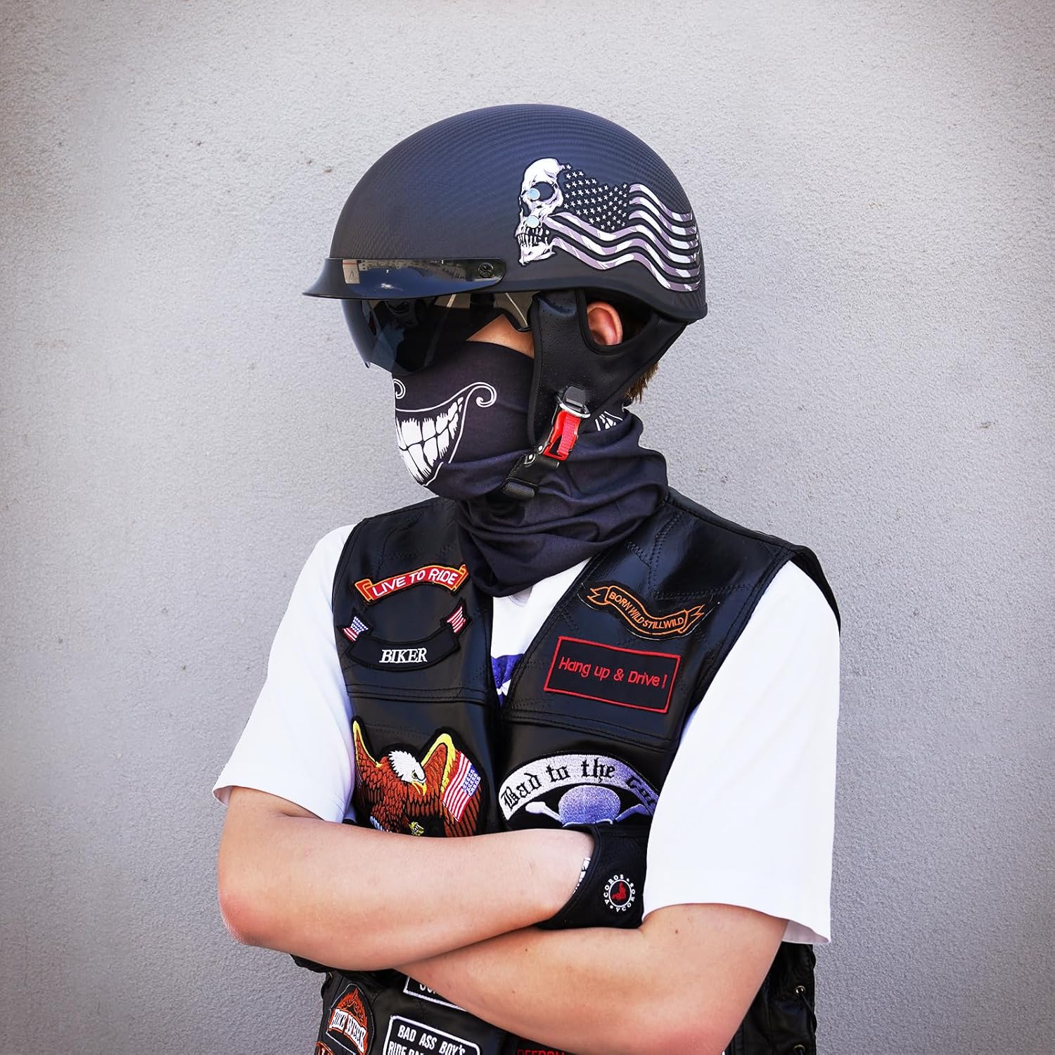 VCOROS Carbon Fiber Open Face Retro Motorcycle Helmets Men Women Half Face Helmets for Motorbike Cruiser Chopper Moped Scooter ATV (Flag Skull, XL)