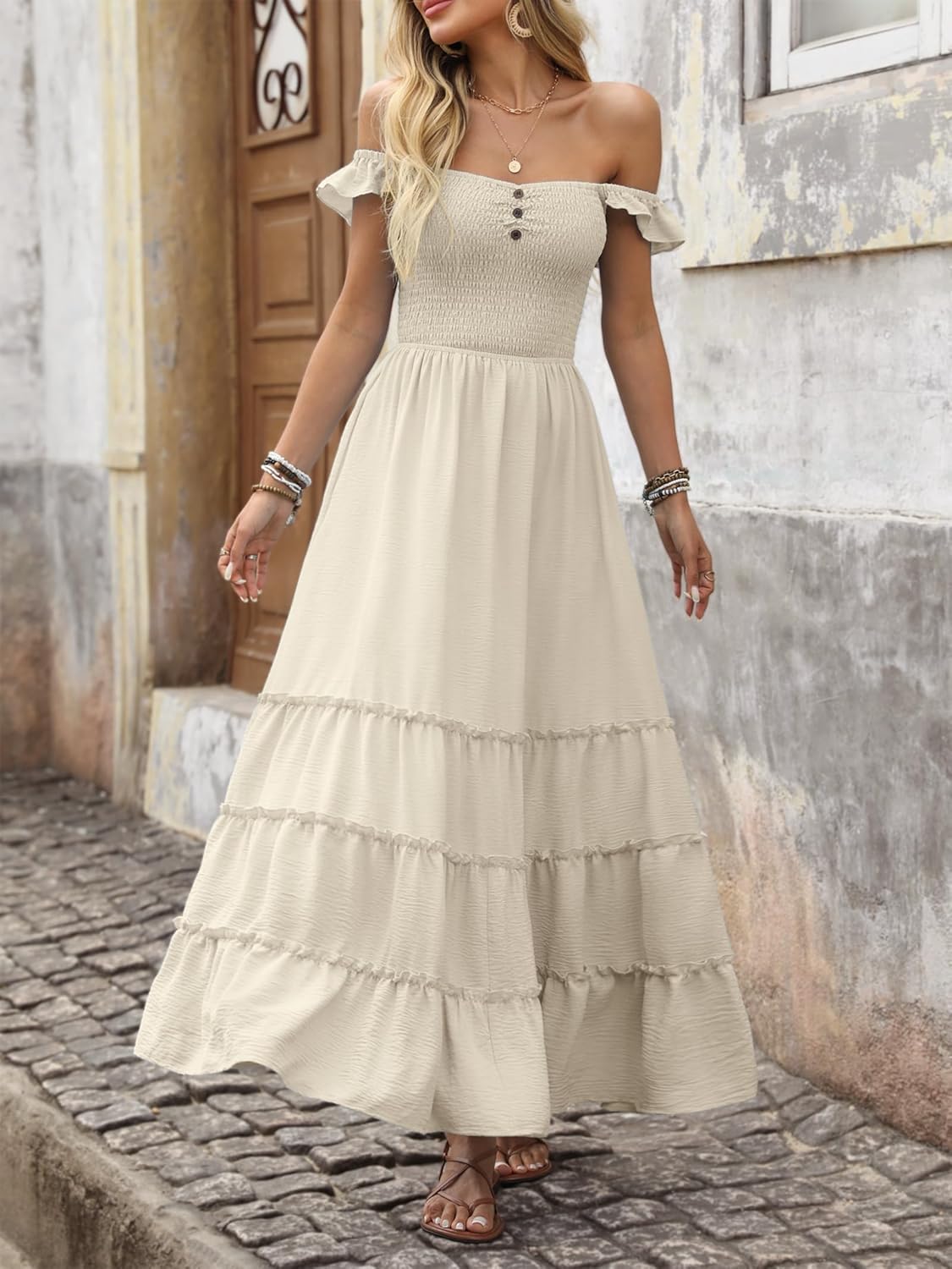 ANRABESS Womens Summer Casual Off The Shoulder Maxi Long Dress 2026 Smocked Ruffle Strap Backless Flowy Tiered Beach Sundress - Image 7