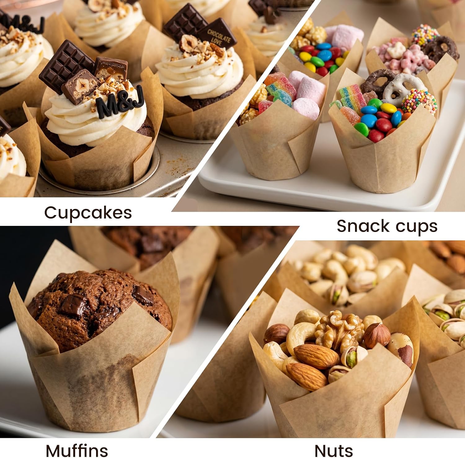 110Pcs Tulip Cupcake Liners for Baking Cups, Large Parchment Paper Muffin Liners, Greaseproof Brown Cupcake Papers Bakery Packaging for Party, Wedding, Christmas, Valentine's Day, Birthday