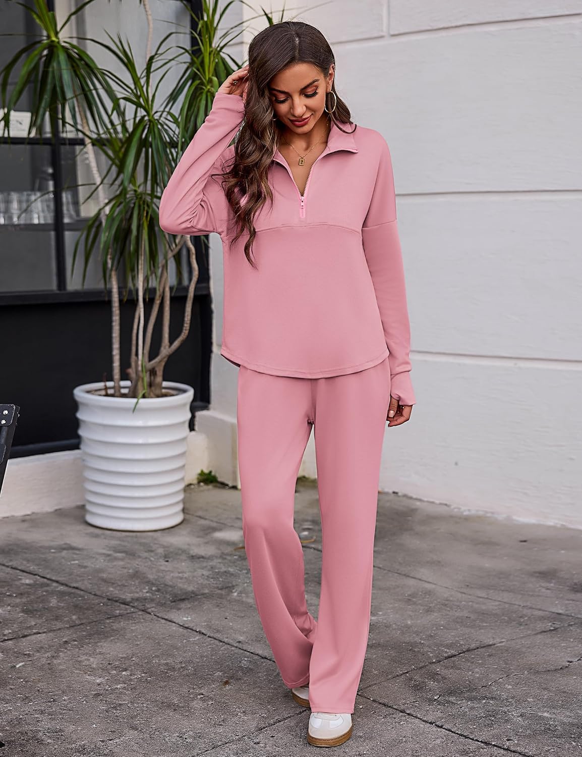 Totatuit Womens Sweatsuits 2 piece Set Lapel Half Zip Lightweight Sweatshirts and Wide Leg Pants Tracksuit Lounge Sets - Image 4