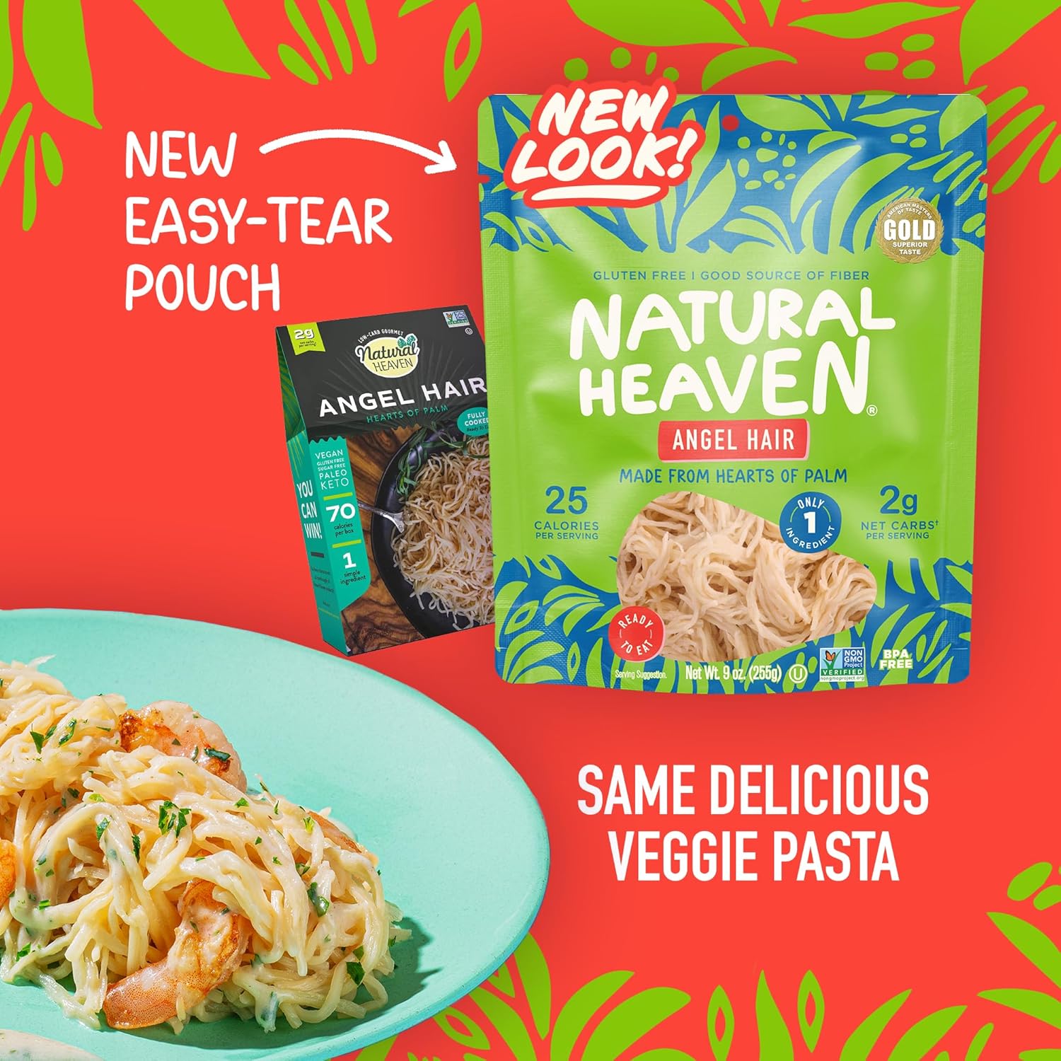 Natural Heaven Angel Hair Pasta, Hearts of Palm, 6-Pack – Naturally Rich in Potassium, Low-Calorie Veggie Noodles, Keto & Gluten-Free Food, Vegan, 9 Oz Ea