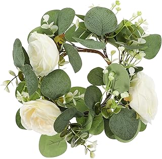 ARTIBETTER Candlestick Garland Floral Candle Centerpieces Rose Candle Wreath Taper Candle Ring Tea Light Candle Holder Artificial Plant Wreath White Artificial Flowers Silk Cloth Dining Table