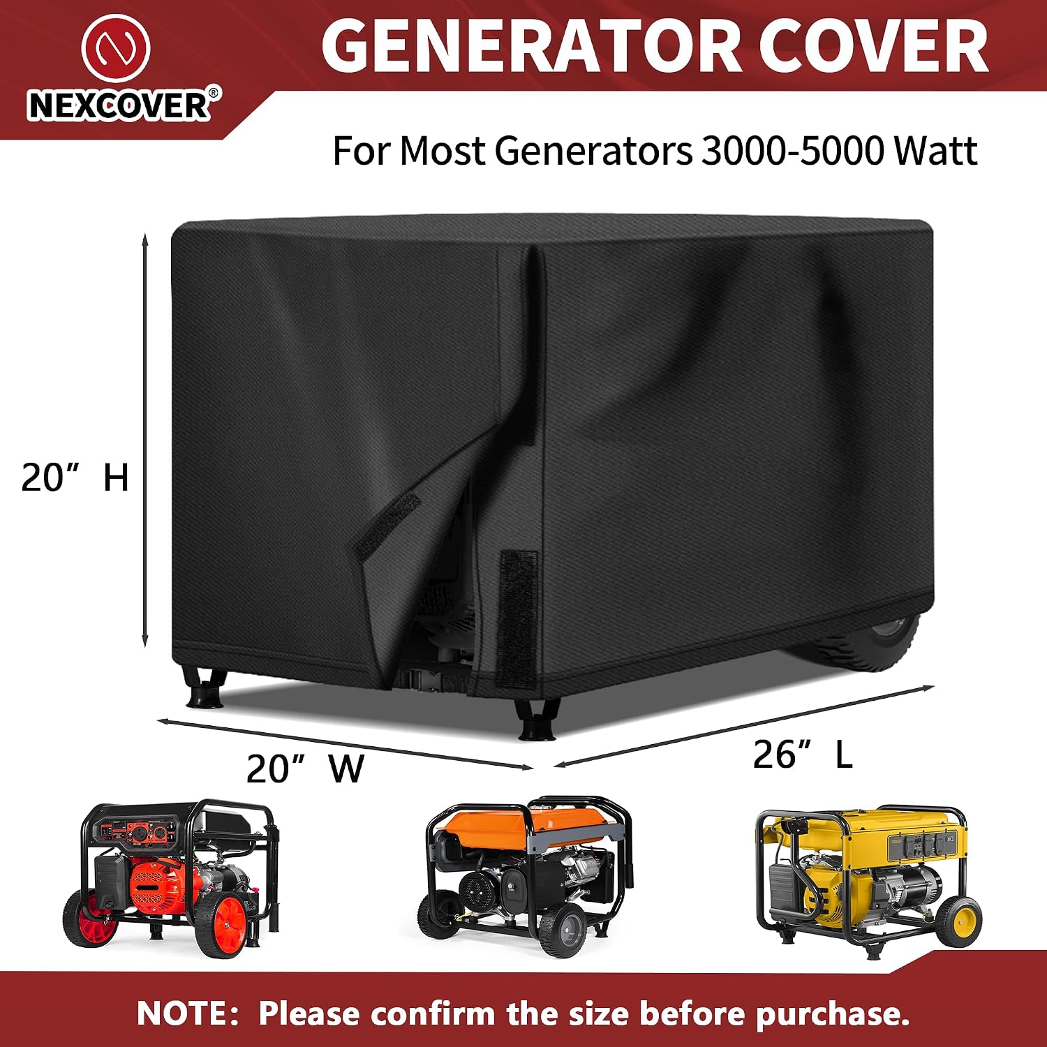 NEXCOVER Waterproof Universal Generator Cover - Weather/UV Resistant Cover 26 x 20 x 20 inch, for Most Portable Generators 3000-5000 Watt, Black