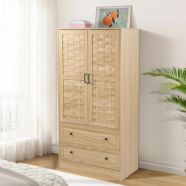 LEVNARY Armoire Wardrobe Closet with 2 Woven Doors, Wardrobe Cabinet with 2 Storage Drawers and Hanging Rail, Freestandi